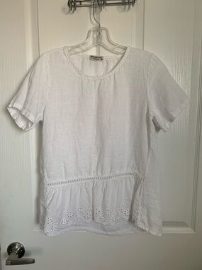 # 5/5 Terzo Millennio , Italy White Linen Eyelet Hem Short-Sleeve Top, size S